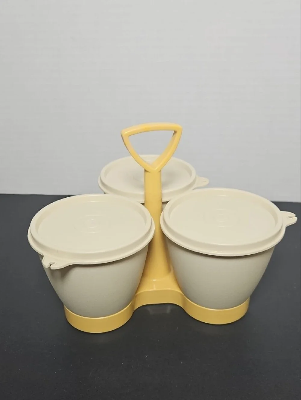 Vintage Tupperware Almond and Harvest Gold Condiment Caddy Set (model 757)